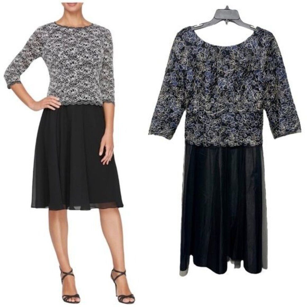ALEX EVENINGS Faux Two-Piece Cocktel Midi Dress in Black Blue Size 8